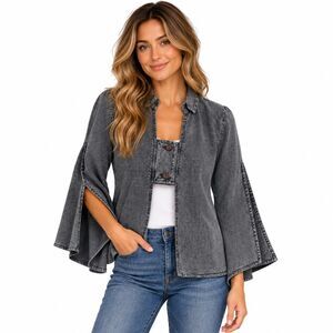 Crosstree Lane Jacket Womens S Gray Cotton Bell Slit Sleeve Boho Lagenlook